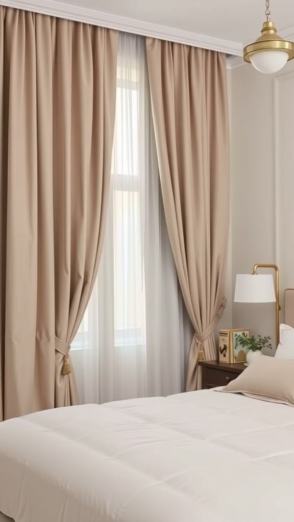 A stylish bedroom featuring beige curtains and grey drapes framing a window.
