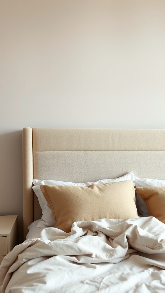 A cozy bedroom featuring a beige upholstered headboard with soft pillows and a warm blanket.