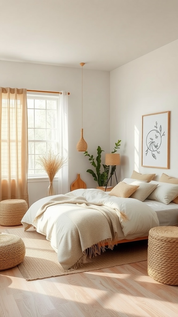 A cozy beige bedroom featuring natural light, plants, and woven decor.