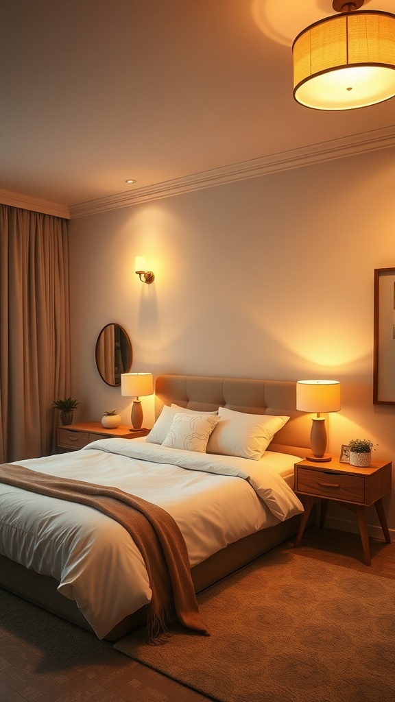Cozy bedroom with beige lighting fixtures, featuring a bed, bedside tables, and warm decor.