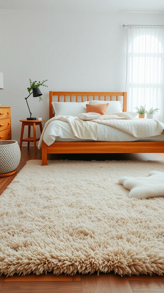A cozy beige rug in a bright bedroom with a wooden bed frame and soft bedding.