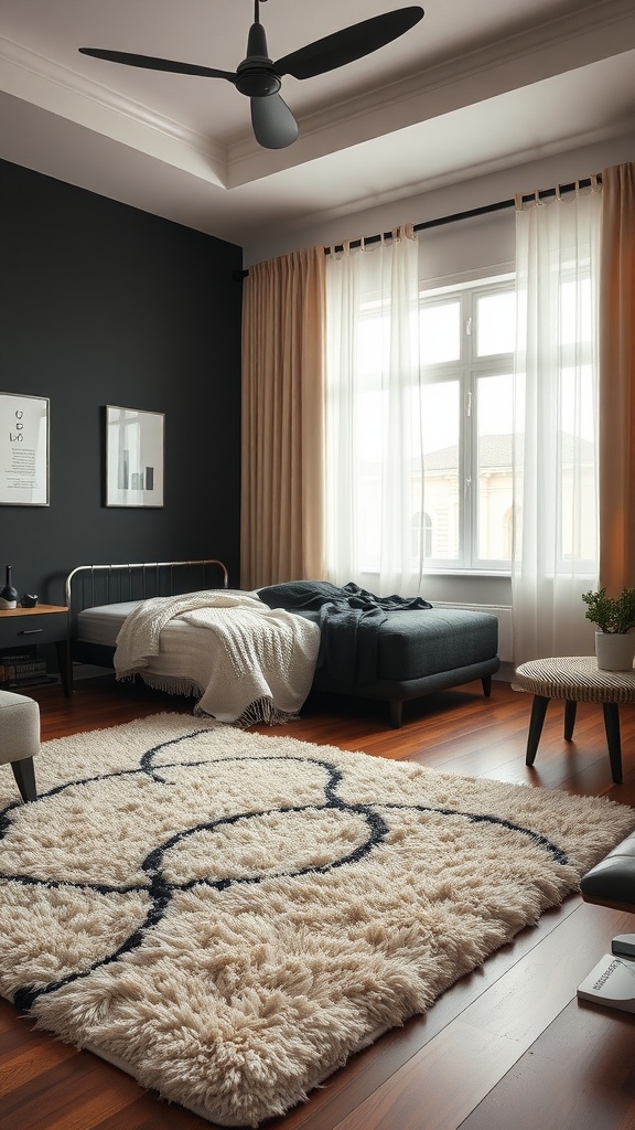 A cozy bedroom featuring a fluffy beige rug, black walls, and warm wooden flooring.