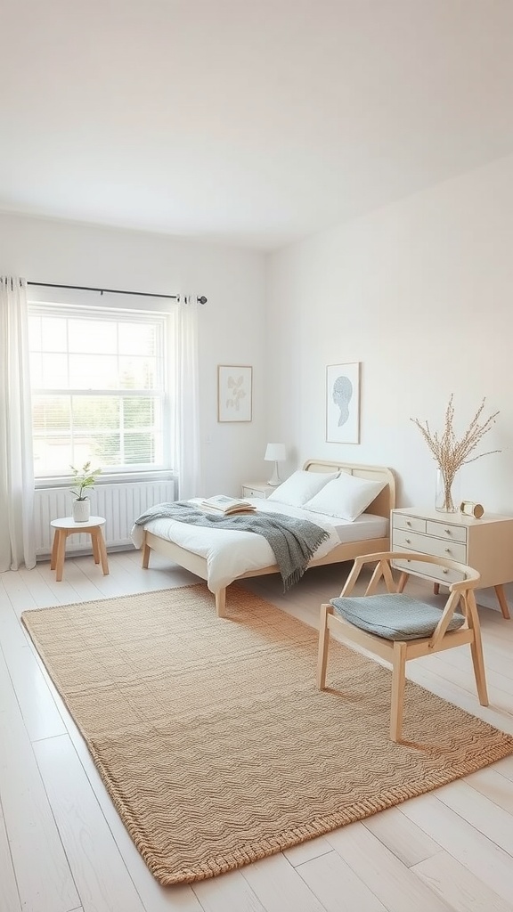 A serene white and beige bedroom featuring a beige rug, wooden furniture, and natural light.