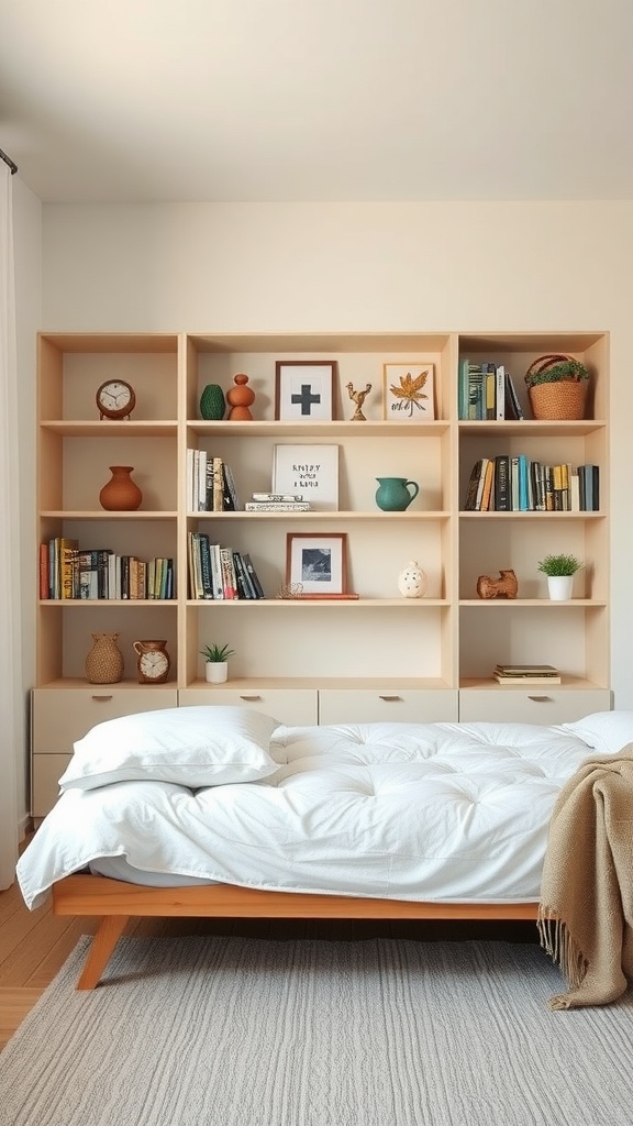 A beige shelving unit in a bedroom displaying books, decorative items, and plants.