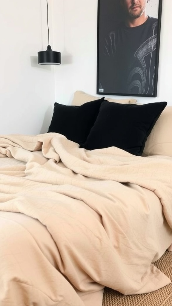 A bed with a beige throw and black pillows, featuring a modern aesthetic.