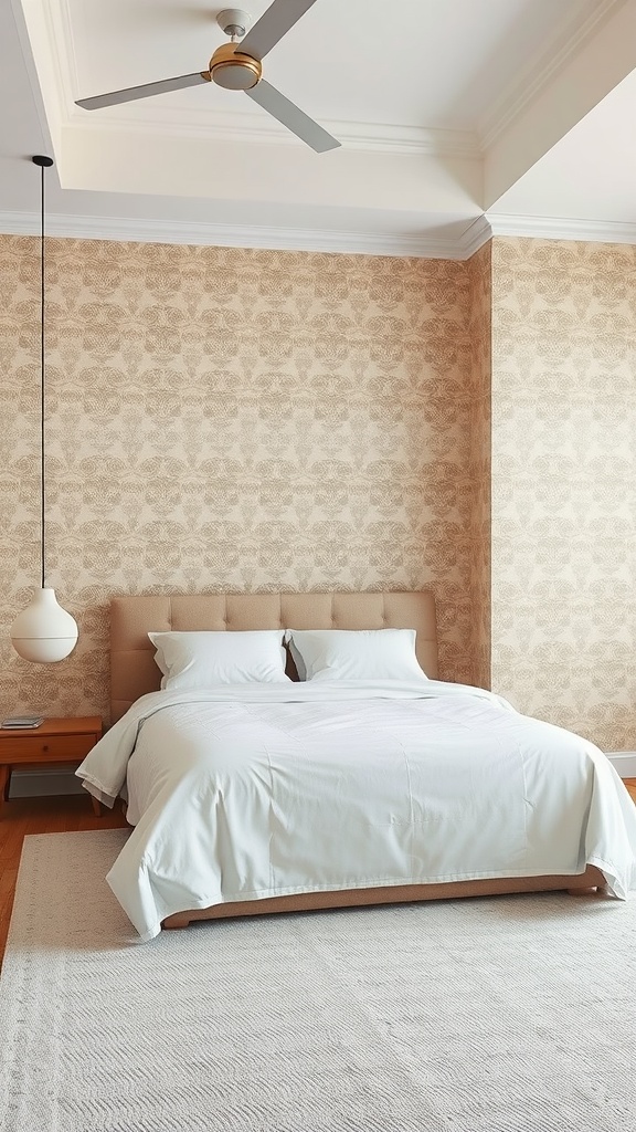A cozy bedroom featuring beige wallpaper patterns, light bedding, and wooden furniture.