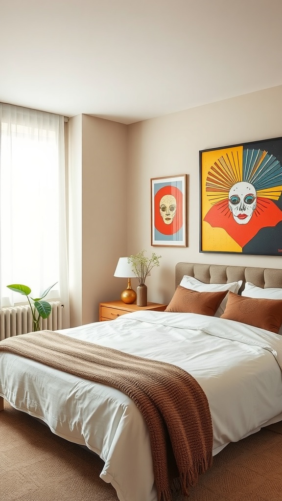 A cozy beige bedroom featuring bold artwork on the walls, with a neatly made bed and a touch of greenery.