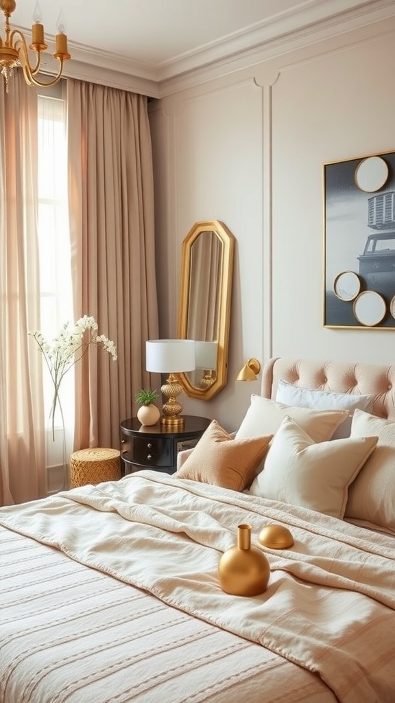A cozy beige bedroom featuring metallic accents, including a gold lamp and decorative vases.