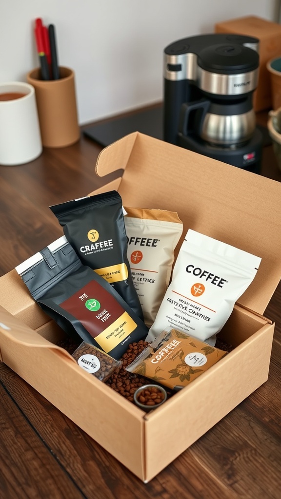 A coffee subscription box filled with various coffee bags and snacks.