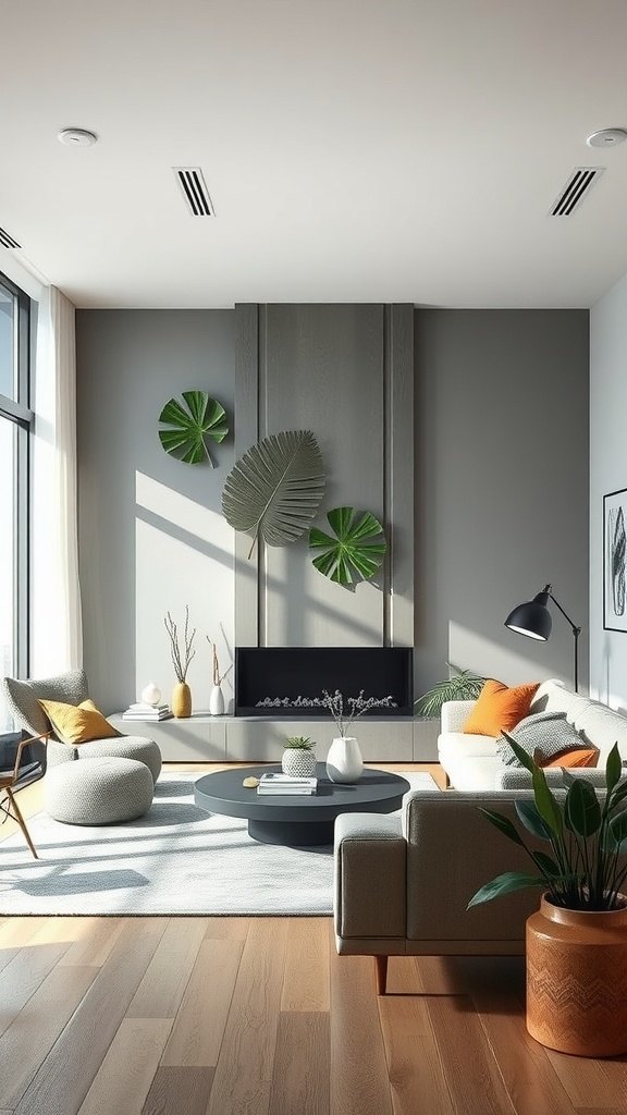 A modern living room featuring green decor, plants, and natural light.