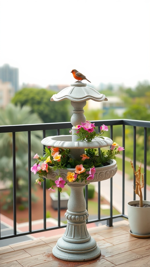 A bird bath on a balcony with colorful flowers and a bird perched on top