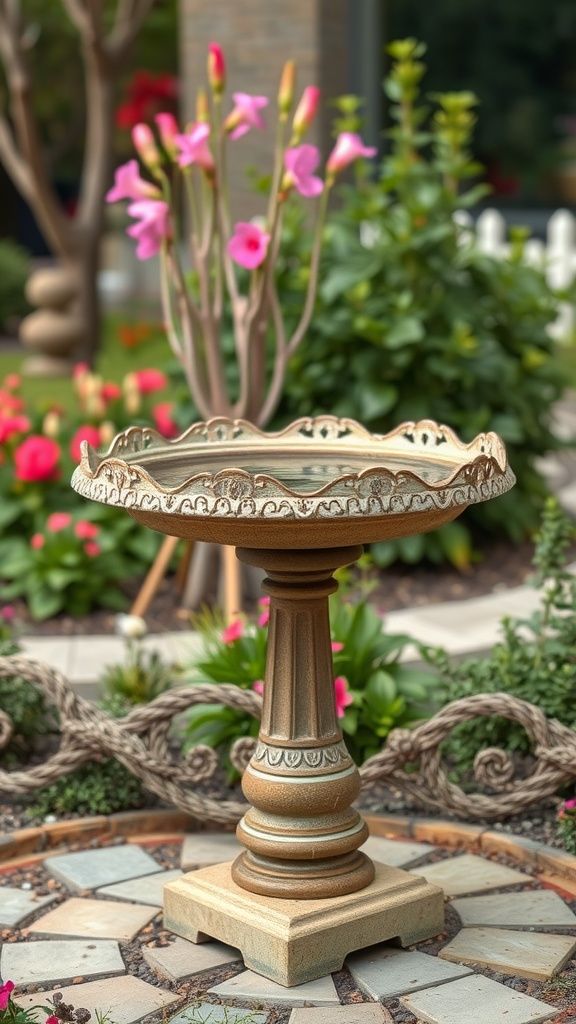 Decorative bird bath in a flower-filled garden