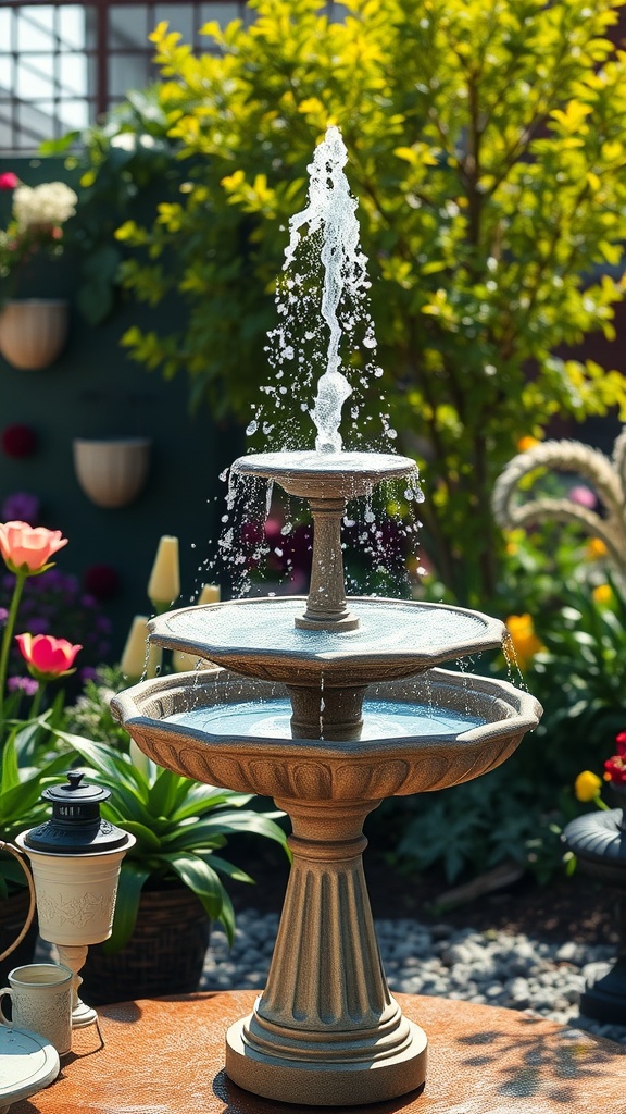 A tiered solar fountain bird bath in a colorful garden setting.
