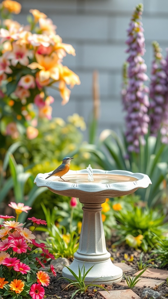 A bird bath with a watercolor finish surrounded by colorful flowers and a small bird perched on the edge.