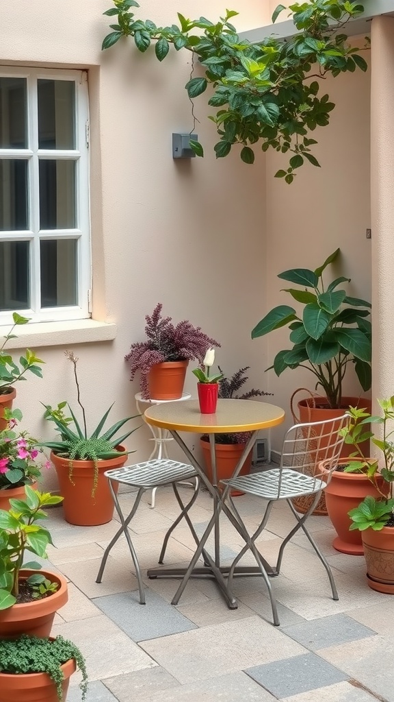 A small patio featuring a yellow bistro table and two metal chairs surrounded by potted plants.