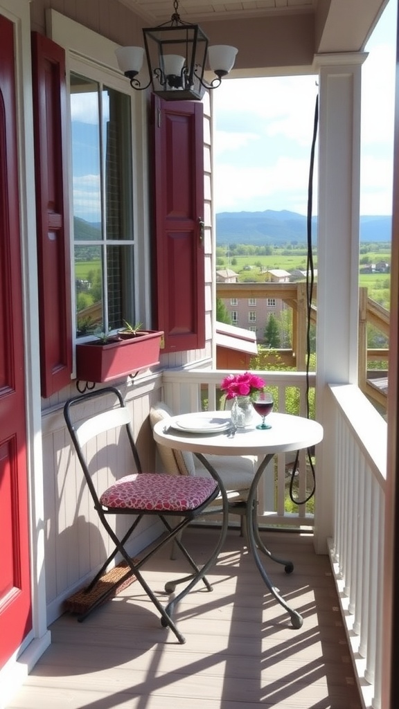 A small porch with a round bistro table and two chairs, featuring flowers and a scenic view.