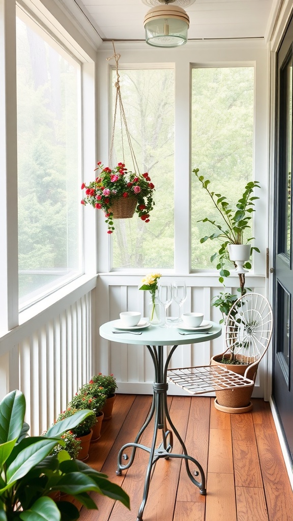 A small screened-in porch featuring a bistro table with a mint green top, white dishes, and a backdrop of plants and flowers.
