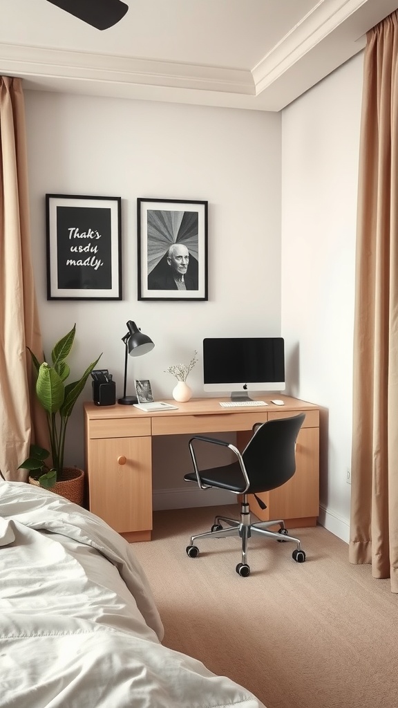 A corner home office with beige walls, a wooden desk, a black chair, and framed artworks