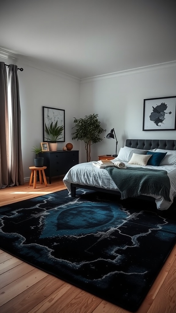 A cozy bedroom with a black and blue area rug, featuring a bed, nightstand, and plants.