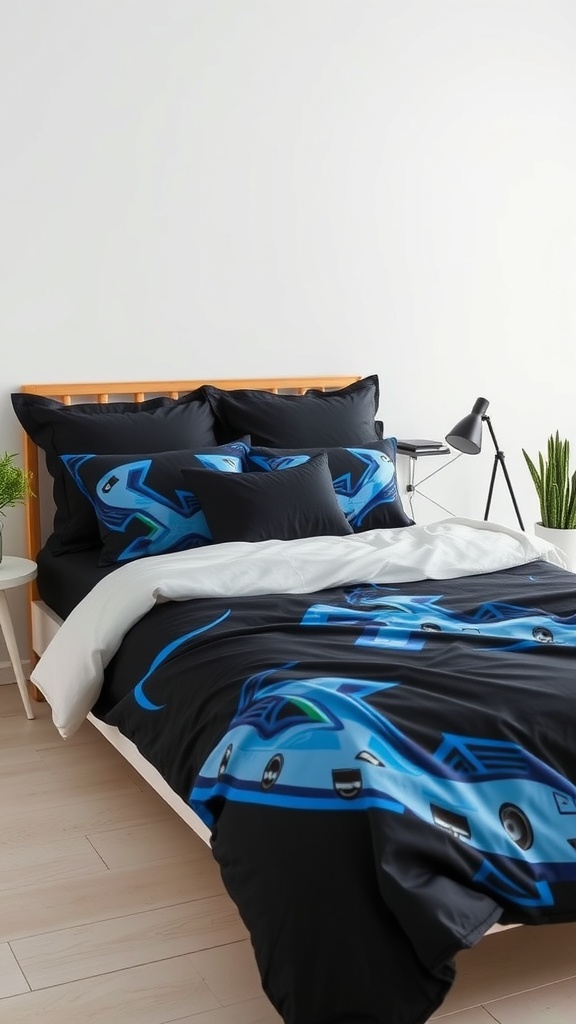 A black and blue themed bedding set with bold graphics on a bed.