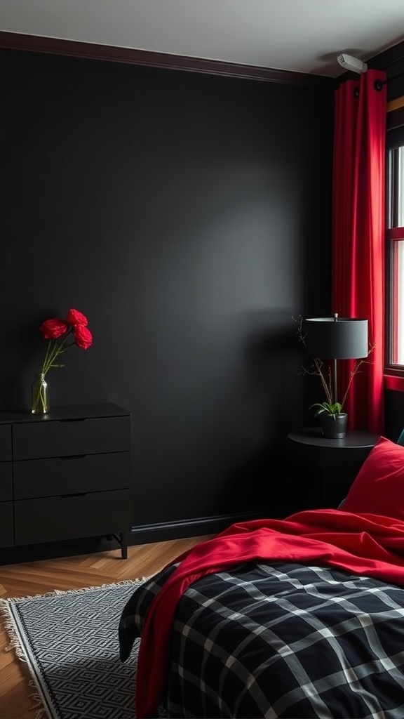 A stylish black bedroom featuring black walls, red curtains, and a cozy plaid blanket.
