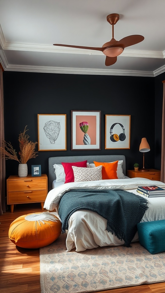 A stylish bedroom with black walls, bright accent pillows, and modern decor.