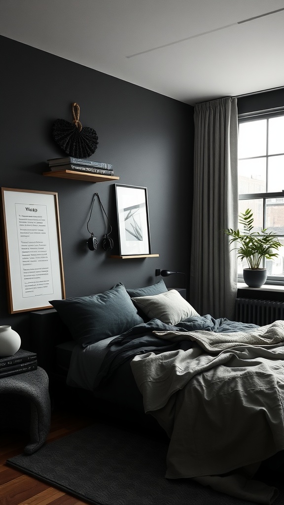 A cozy bedroom featuring black walls, earthy toned bedding, and plants, creating a warm and inviting atmosphere.