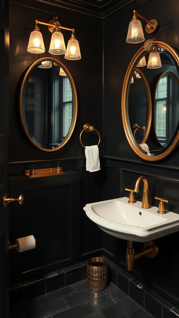 A luxurious black bathroom with gold accents, featuring stylish lighting, mirrors, and fixtures.