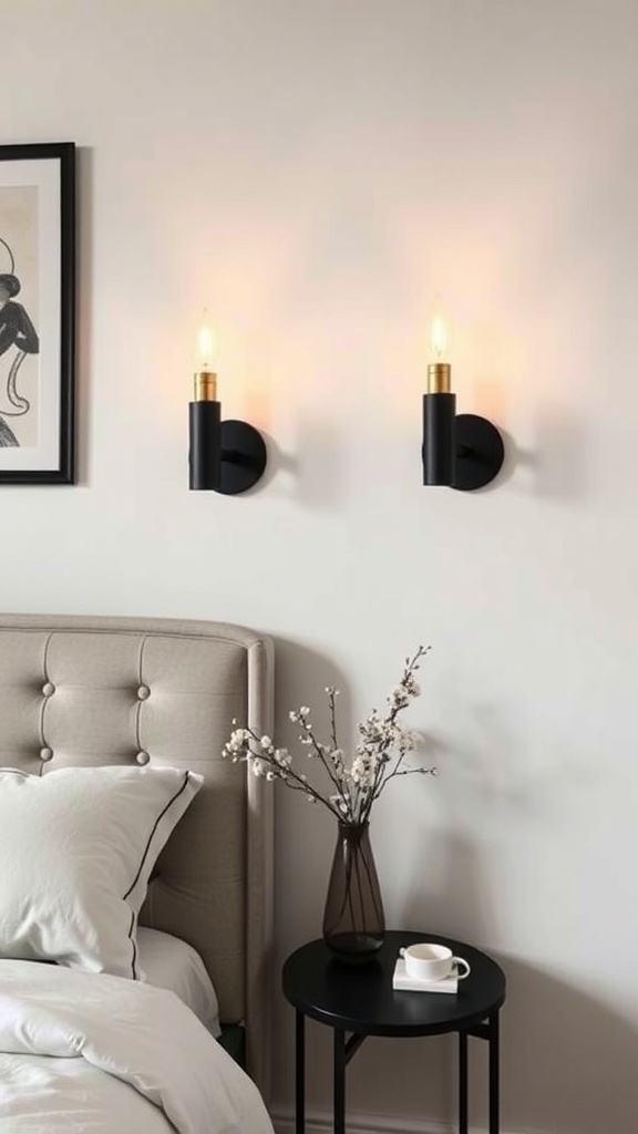 Black and gold wall sconces illuminating a stylish bedroom