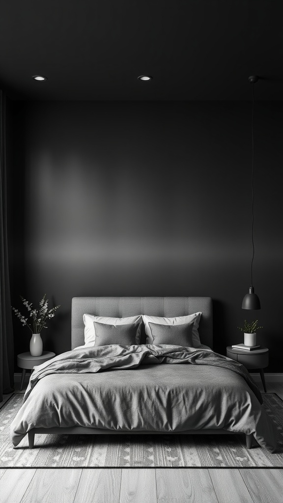 A modern black and gray bedroom featuring a black wall, gray bedding, and stylish decor.