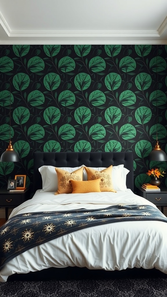 A stylish bedroom featuring black wallpaper with green leaf patterns, complemented by white bedding and colorful pillows.