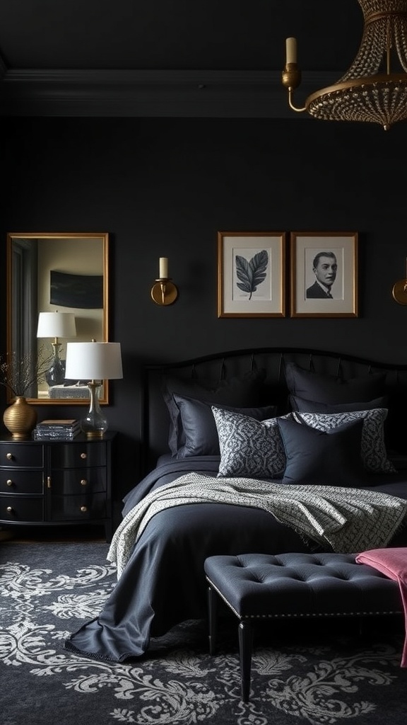 A stylish black bedroom featuring jewel tones and elegant decor.