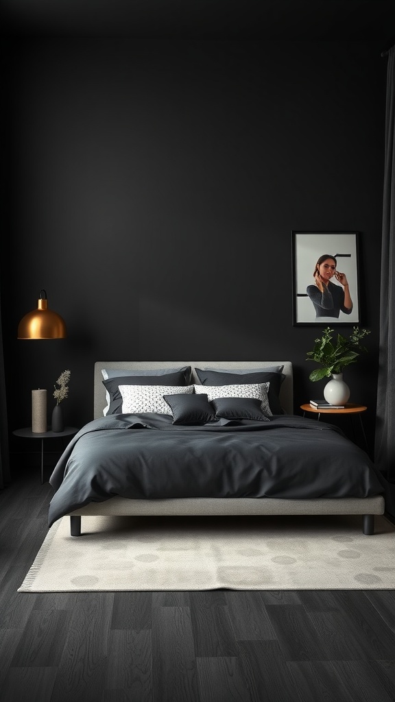 A modern bedroom featuring a black wall, dark bedding, and pastel accents, with a stylish lamp and plant.