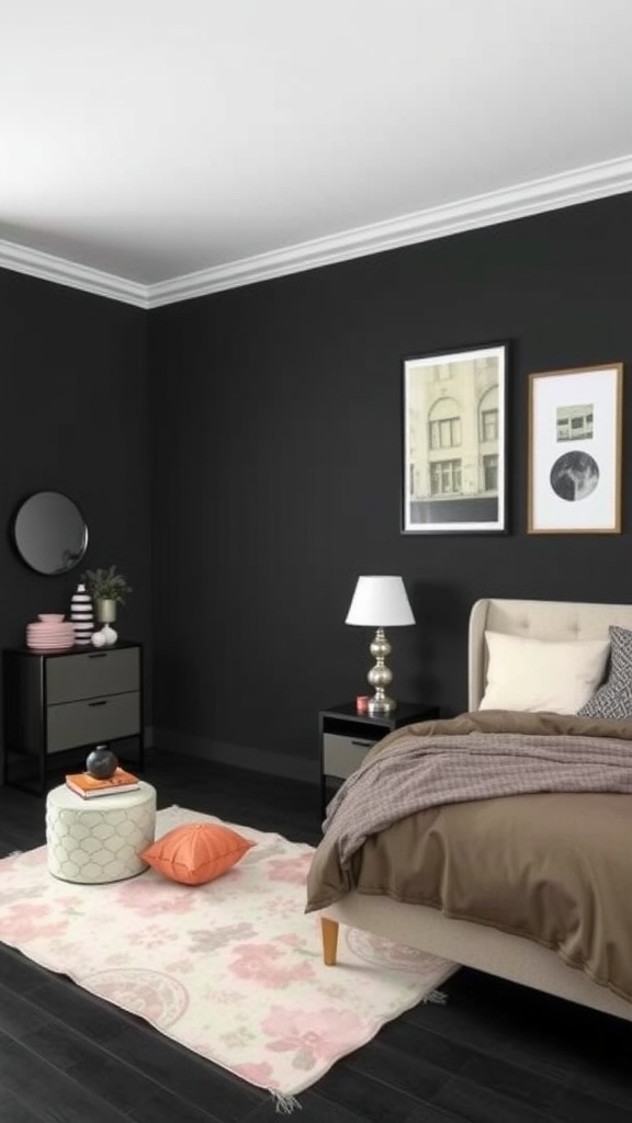 A black bedroom featuring pastel accents, including a floral rug and colorful pillows.