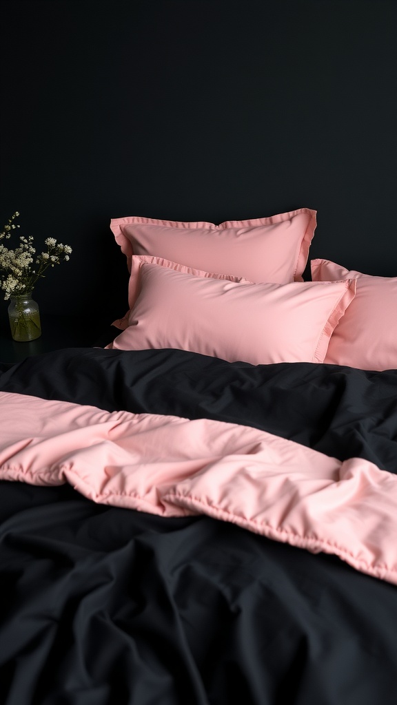 A black and pink bedding arrangement featuring ruffled pink pillows and a black duvet, with a vase of flowers on the side.