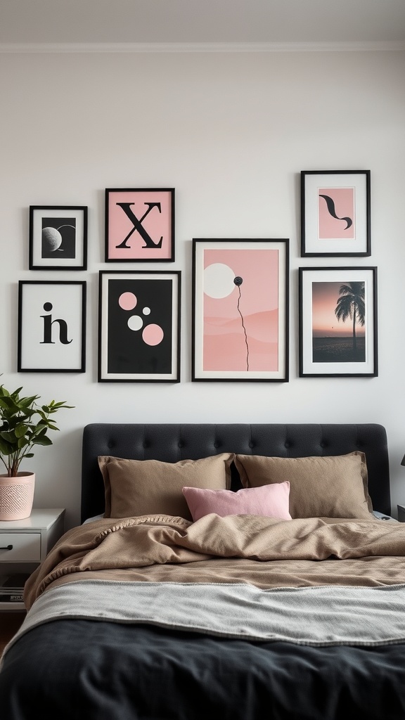 A stylish black and pink gallery wall with various framed artworks above a bed.