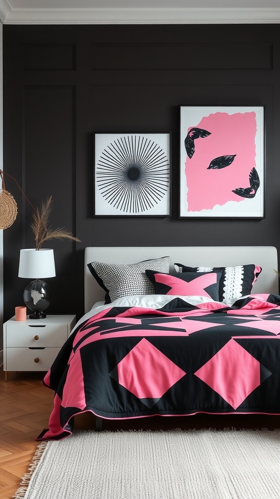 A stylish black and pink bedroom featuring geometric patterns on bedding and artwork.