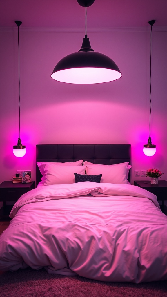 A stylish black and pink bedroom with pendant and wall-mounted lighting fixtures