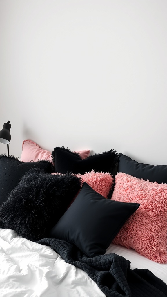 A collection of black and pink throw pillows arranged on a bed
