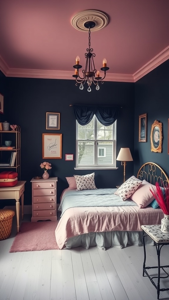 A vintage-style bedroom with black walls and a pink ceiling, featuring a bed with pink bedding, a chandelier, and vintage decor.