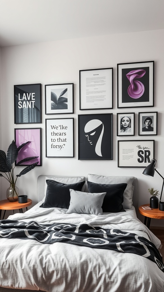 A stylish bedroom featuring a wall with black and purple artwork displays, complemented by a cozy bed and decorative plants.