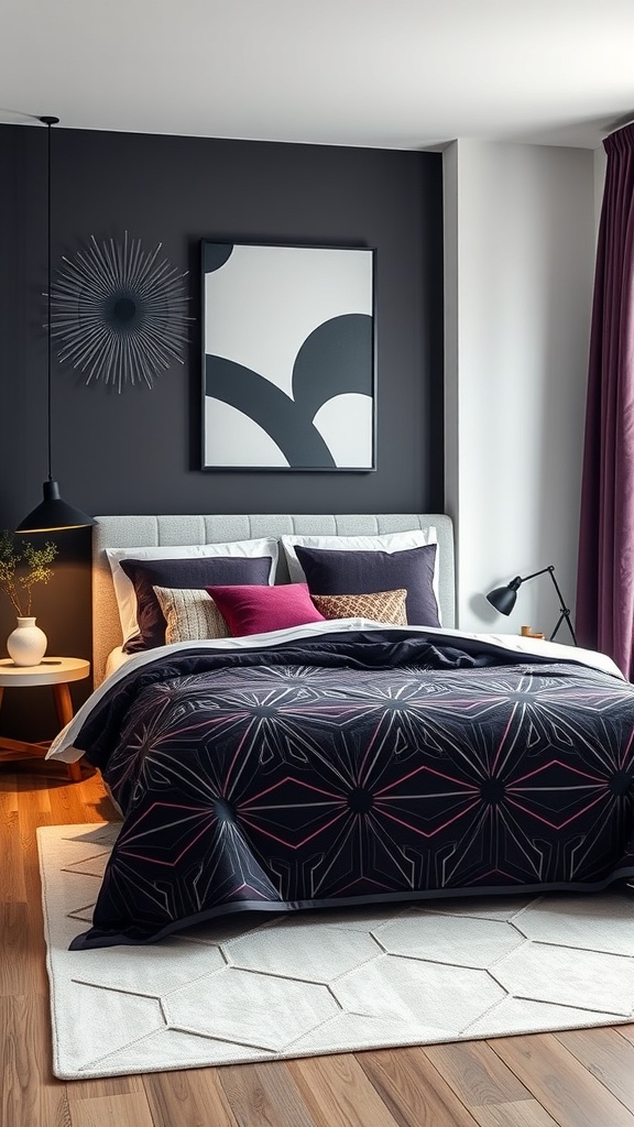 A stylish bedroom featuring black and purple geometric patterns in the bedding and wall art.