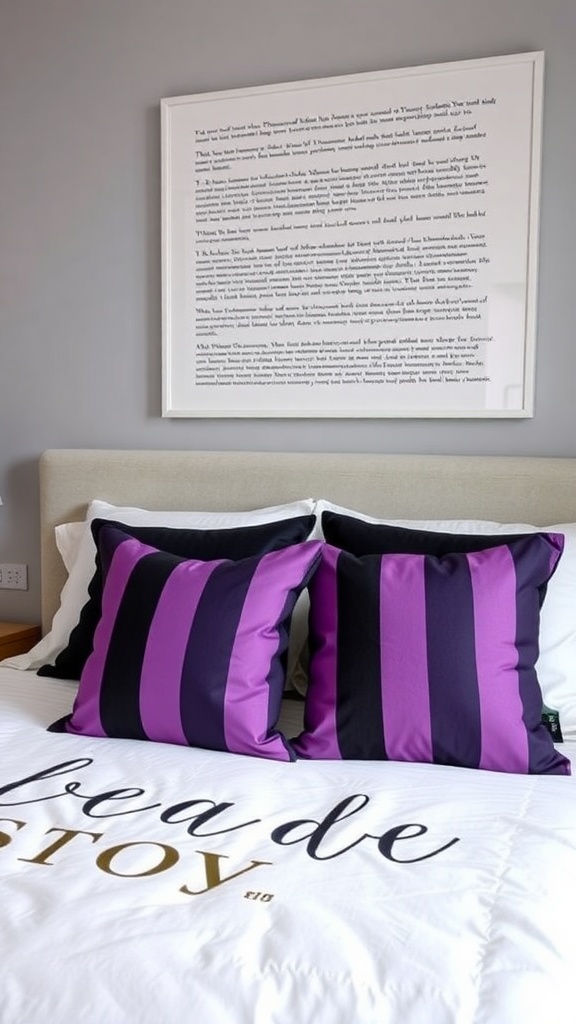 Black and purple striped accent pillows on a bed with white bedding