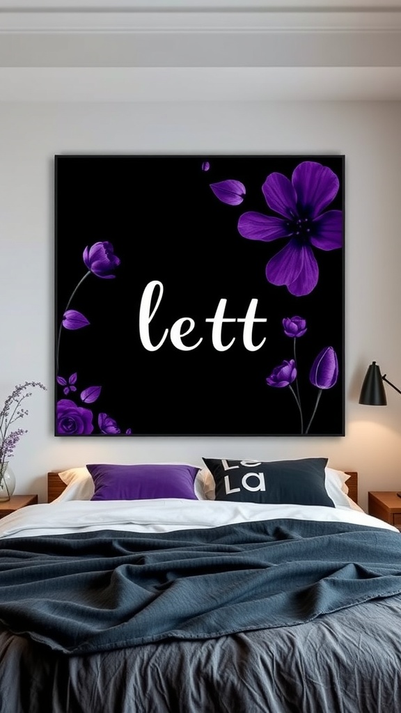 A black and purple themed wall art piece featuring flowers and the word 'lett'