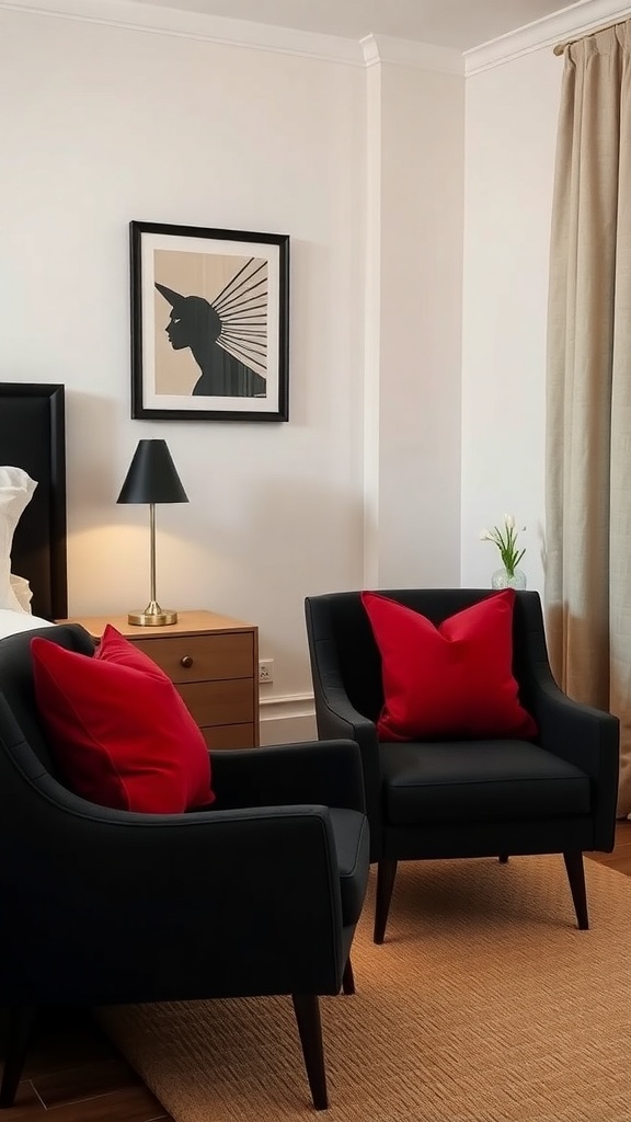 Two black accent chairs with red cushions in a modern bedroom setting