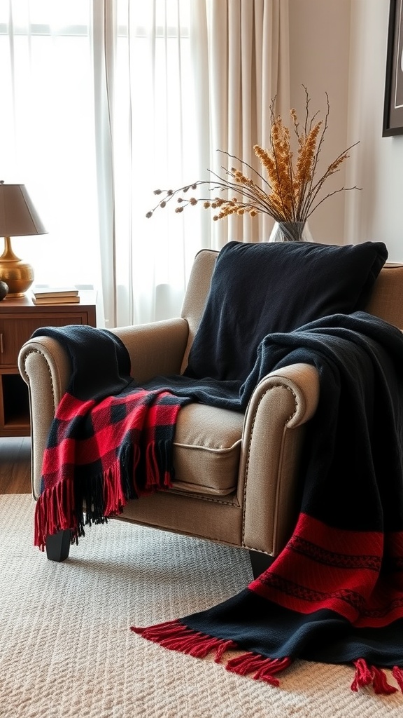 A cozy chair with black and red decorative throws, showcasing a warm and inviting bedroom style.