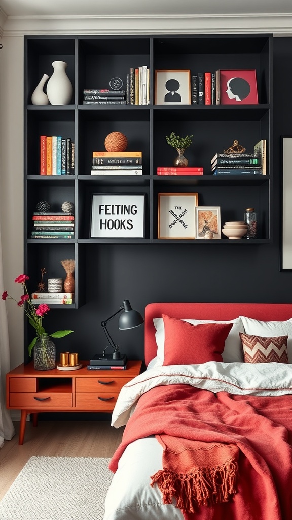 A stylish black and red bedroom featuring wall shelving with books and decor.