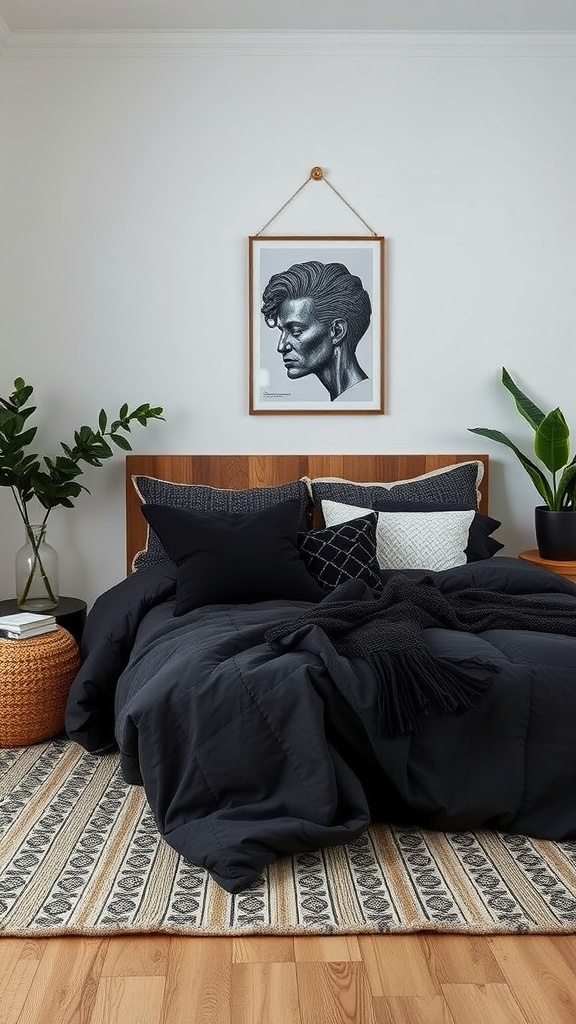 A stylish bedroom featuring black bedding, textured pillows, and a patterned rug, with plants and artwork.