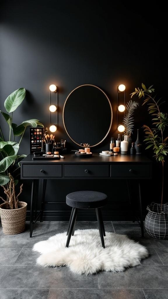 A stylish black vanity with a round mirror, surrounded by plants and beauty products, set against a dark wall.