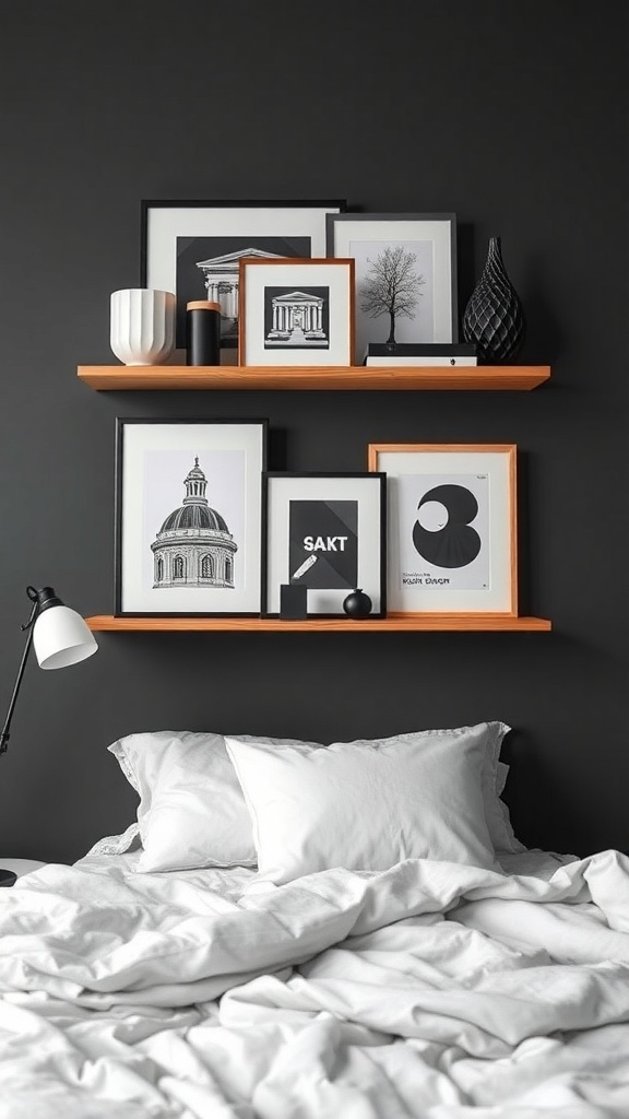 A black and white gallery shelf with framed art and decorative items above a cozy bed.